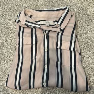 Pink striped Loft polyester button down (XS)